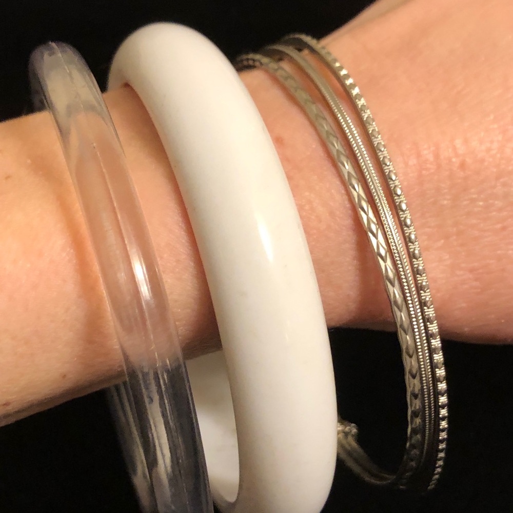 Set of White Clear and Silver Tone Bangles